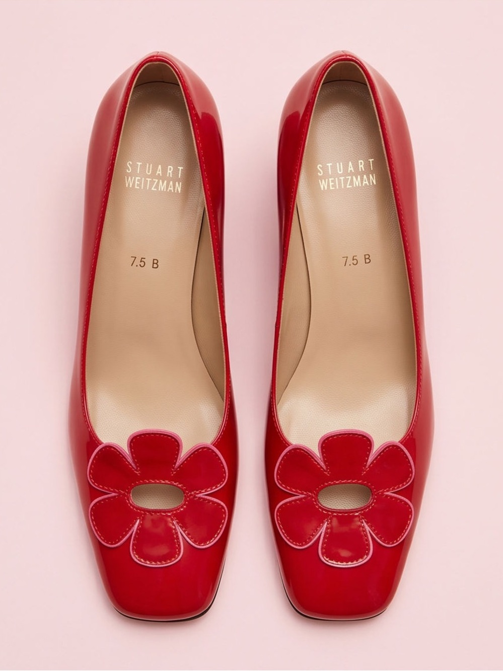STUART WEITZMAN BAGONIA Red Flower patent leather slip on block Heels size 7.5 - Picture 3 of 10